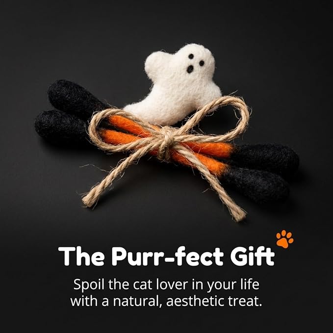 Glaciart One Halloween Cat Toys with Catnip – 7 Pack Felt Swab Cat Toys + Ghost Toy, Interactive Wool Cat Toys for Indoor Cats & Kittens, Handmade Natural Catnip Toys for Chase, Chew & Play - Image 7