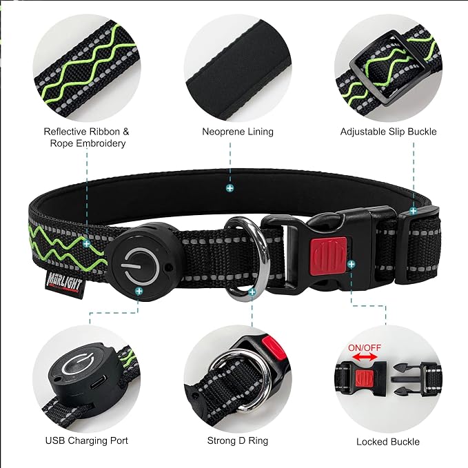 Rechargeable LED Dog Collar for Night Walking, Embroidered Rope Light | The LED light is visible from 360 degrees, anti-loss and enhancing outdoor walking safety(Small Green) - Image 5