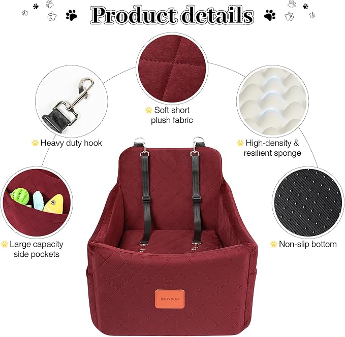 Dog Booster Car Seat for Dogs up to 35lbs, Safety Pet Car Seats with Anti-Slip Bottom, Travel Booster Dog Bed with 2 Storage Pockets (Wine Red, Medium) - Image 4