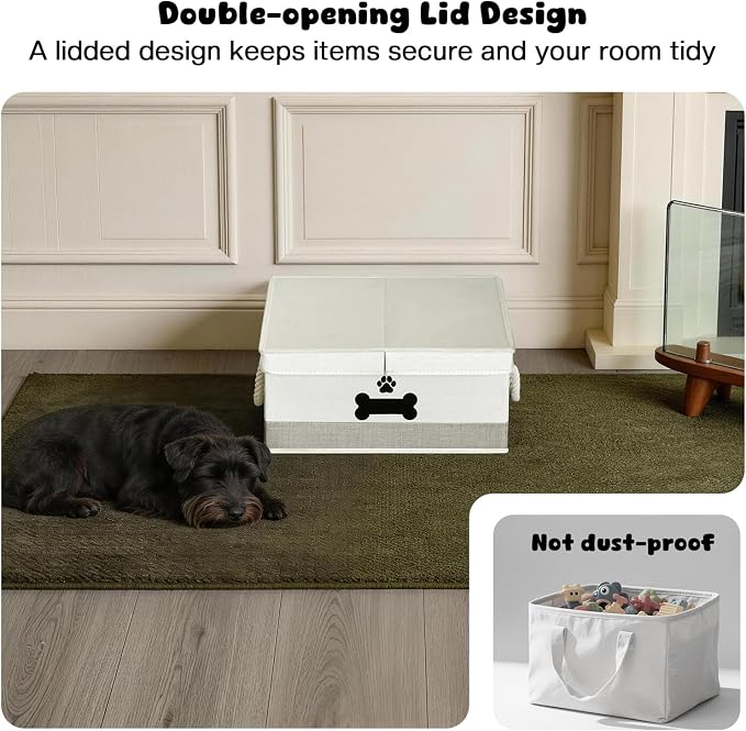 Dog Toy Basket with Double-Open Lid, Divided Dogs Basket for Toys, Collapsible Pet Toys Box, Dog Storage Organizer with 2 Divided Area, Puppy Toy Baskets with Rope Handles, Beige & Gray - Image 3