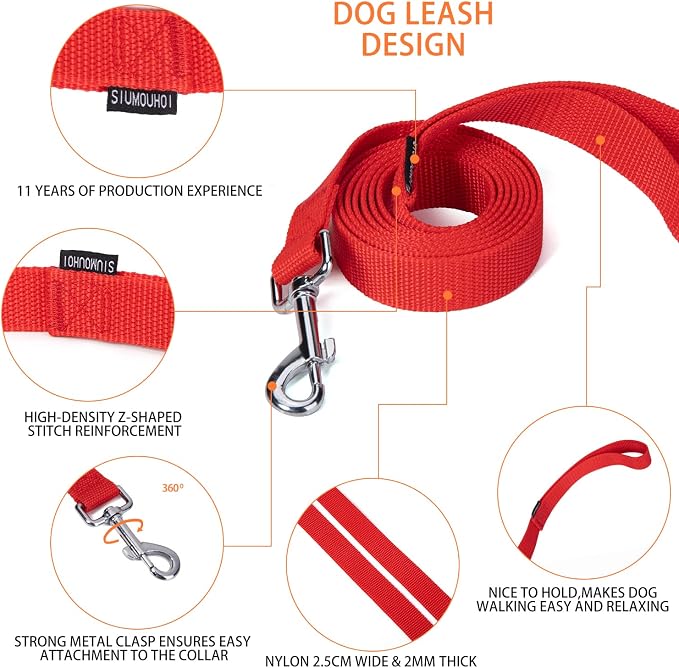 Strong Durable Nylon Dog Training Leash, 1 Inch Wide Traction Rope, 6 ft 10ft 15ft Long, for Small and Medium Dog (Red, 6 Feet) - Image 3