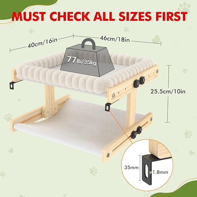 XiaZ Cat Perch for Window Cats Hammock Indoor Bed for Window Adjustable Wooden Frame Bird Watching Sunbathing Space-Saving Double Layer 18 * 16 * 10inch (Small Breeds Recommended) - Image 3