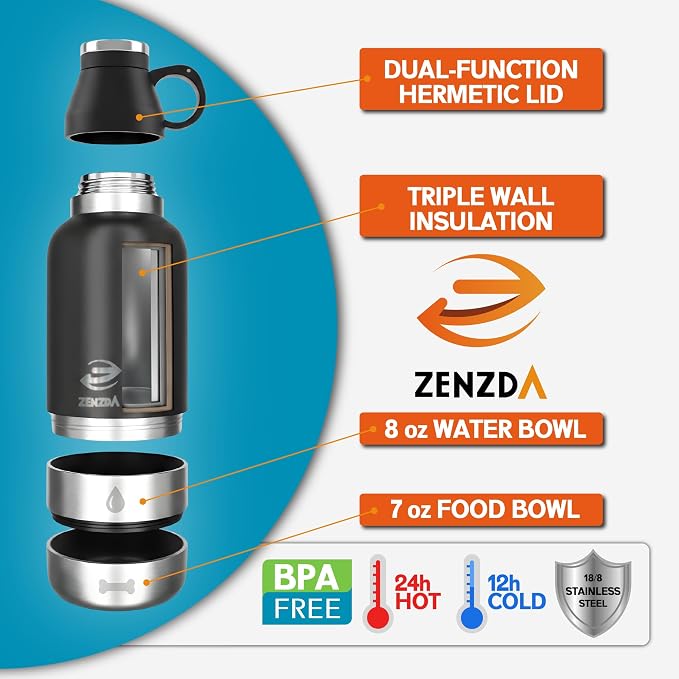 3-in-1 Dog Water Bottle – Insulated Stainless Steel Travel Bottle with Food Bowl, Leakproof, Carrying Bag & Brush - Image 2