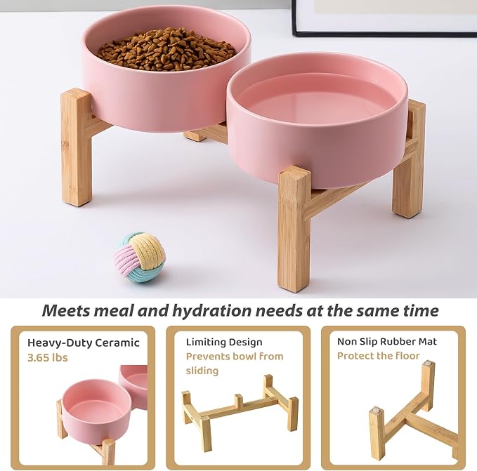 Raised Ceramic Dog Bowl Set - Elevated Dog Bowls with Non Slip Bamboo Stand, Food and Water Bowl Set for Small and Medium Breed Dogs, Pet Bowls, Weighted Dogs Dishes (6'', 2 * 30OZ, Pink) - Image 5