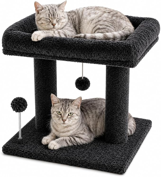 Small Cat Tree with Large Top Perch for Indoor Cats, Grey | Carpeted Scratching Post | Soft Plush Bed | Furniture Protecter | Small Cat Tower | Replacement Toy Balls | Space-Saving by Unknown