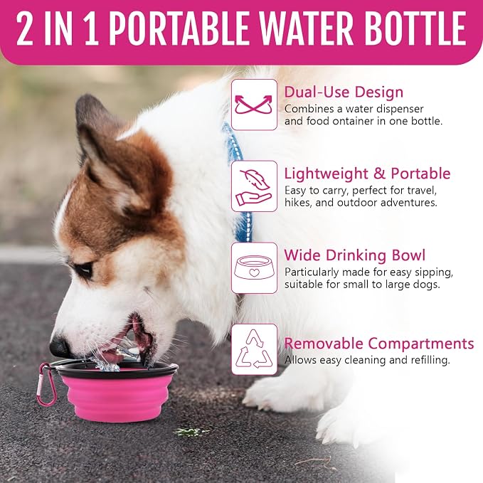 Dog Travel Water Bottle W/Collapsible Bowls - Portable 2 in 1 Leakproof Pet Water Bottle Food Container Ideal for Travel, Outdoor Portable Water Bowls for Walking, Camping & Hiking - (Pink) - Image 8