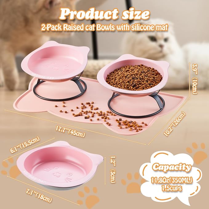 Elevated Cat Bowls with Food Mat & Metal Stand - 7.1" Wide Stainless Steel Whisker Friendly Dishes, 15° Tilt for Cats/Kittens/Small Dogs, Indoor/Outdoor & Travel Use (2-Pack) HBGmao-hao (Pink) - Image 7