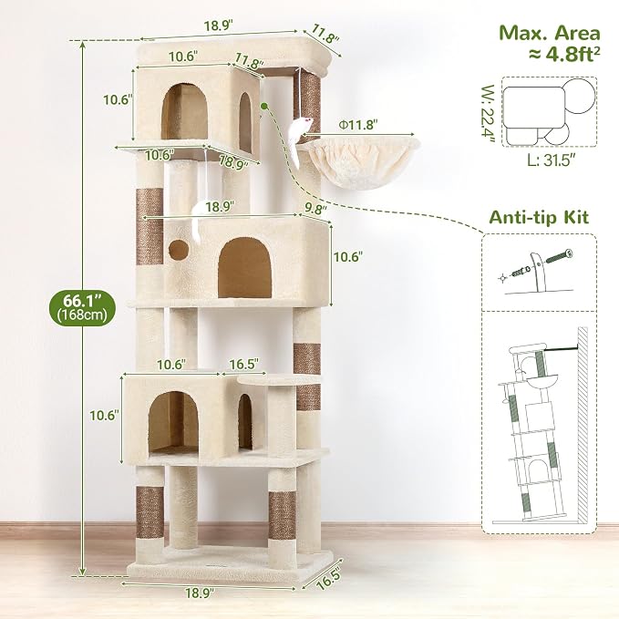 Globlazer F66 Corner Cat Tree, 66in Multi-Level Climbing Tower, Beige | Kitty Condos Cat Scratching Tower for Indoor Multiple Cats with Large Platform, 3 Cat Caves, Hanging Basket - Image 6