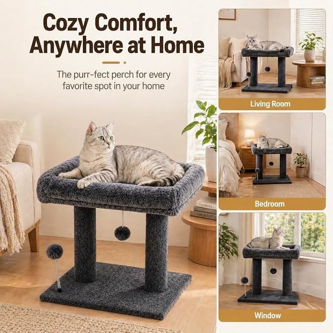 Small Cat Tree with Large Top Perch for Indoor Cats, Grey | Carpeted Scratching Post | Soft Plush Bed | Furniture Protecter | Small Cat Tower | Replacement Toy Balls | Space-Saving - Image 5