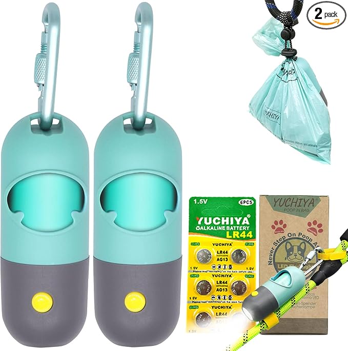 Dog Poop Bags Holder with LED Flashlight|Pet Waste Bags Dispenser for Leash|Doggie Potty Bags Container with Leak-proof Pet Trash Bags and Accessories (2 Holders 30 Bags, Crystal Blue) by YUCHIYA