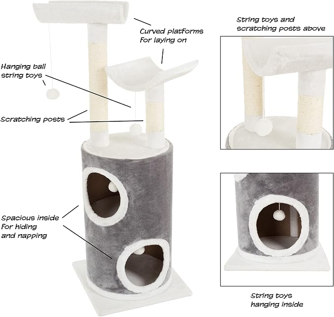 45in Cat Tree with Napping Perches, 2 Story Cat Condo, Cat Scratching Posts, and Hanging Toys - Cat Tower for Indoor Cats by PETMAKER (Gray) - Image 3