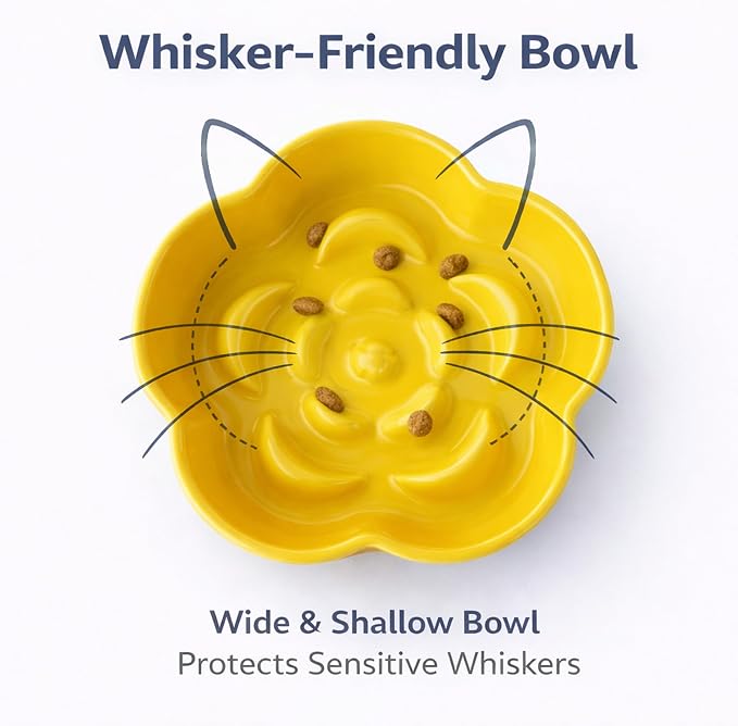 Ceramic Elevated Slow Feeder Cat Bowl, Raised and Gently Tilted Feeding Dish with Maze Design, Whisker-Friendly, Easy to Clean, for Indoor Cats and Small Dogs (Beige/Yellow) - Image 5
