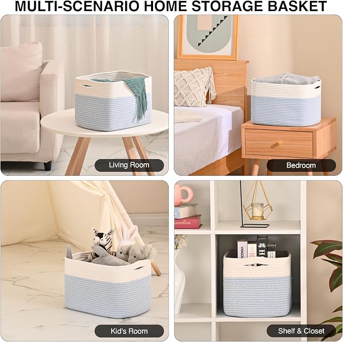 ICERZCZ Woven Cotton Rope Storage Basket for Organizing, Cute Decorative Baskets for Gifts Empty, Organizer Bins for Dog Toy, Baby Laundry, 15“×11”×9.5“, Off White & Blue - Image 4
