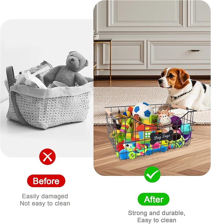 Metal Dog Toy Basket,Indestructible Dog Toy Bin with Wooden Handle,Sturdy Pet Storage Organizer,Ideal for Dog Leash,Blanket,Snacks-15.1 (L) x 10.7 (W) x 7 (H) inches - Image 5