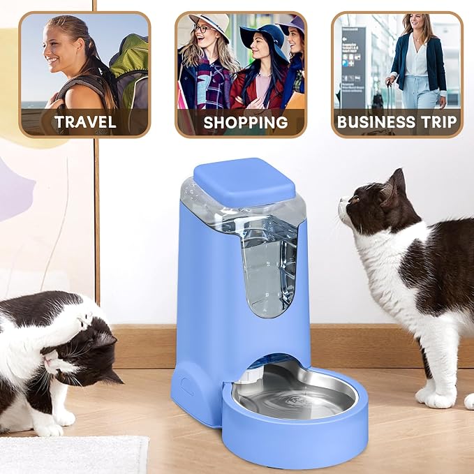 HWONMTE Portable Automatic Cat Feeder and Water Dispenser with Stainless Steel Bowl Dog Gravity Food Feeder and Waterer for Small Medium Pets Puppy Kitten 1 Gallon x 2 (Sapphire Blue) - Image 6