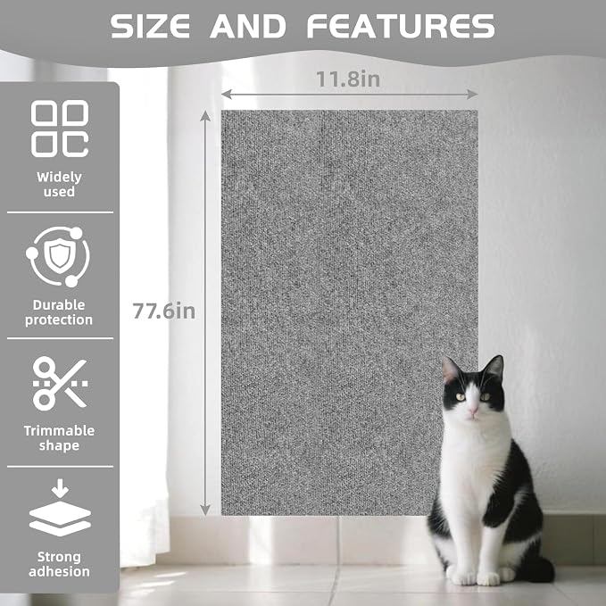 Cat Scratch Furniture Protector, Trimmable Self-Adhesive Cat Scratch Pad, 78.7"x11.8" Carpet Cover for Couch, Sofa, Walls, Furniture Cat Scratcher Board, Anti Scratch Pad for Cat Claws (Gray) - Image 3