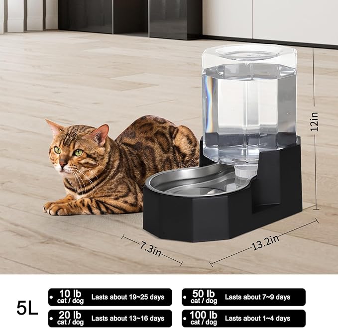 Sfozstra 5L Cat Gravity Water Bowl Dispenser: Stainless Steel Bowl | No Power Needed / No Filter Required / Spill Proof Design / Easy Cleaning / Cats & Small Dogs / Home Crate Area & Travel - Image 4
