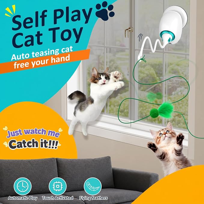 Interactive Cat Toys for Indoor Cats, Automatic Flying Feather Wand, Suction Cup Design, USB Rechargeable, Wall-Mounted Hanging Cat Toys for Bored Indoor Adult Cats - Image 2