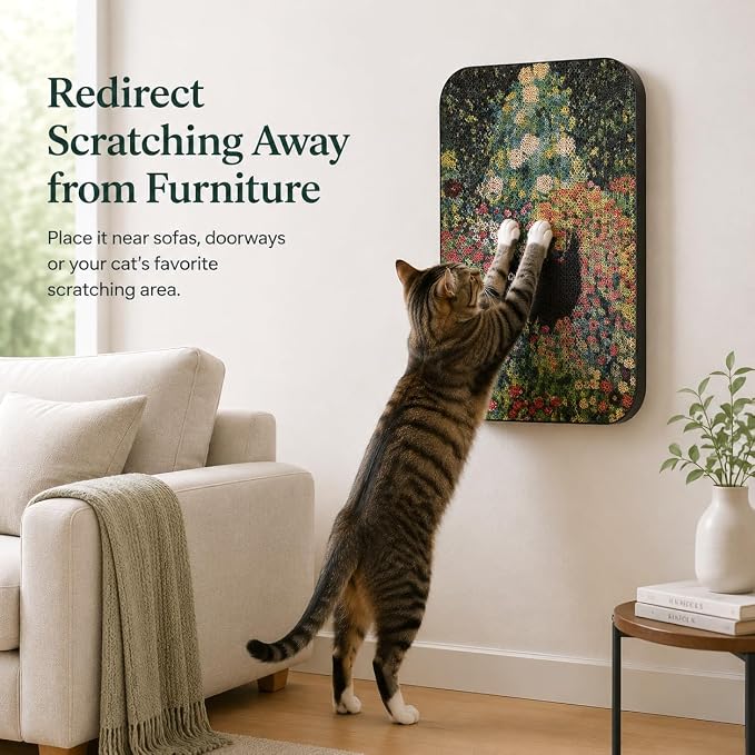 Cat Wall Scratcher, Art Cat Scratching Board for Indoor Cats | Wall Mounted Cat Scratch Pad, Water-Based Ink, Hook&Loop Strips, Floor or Wall Use, 16.7x11x1 Inch, Flower Garden - Image 3