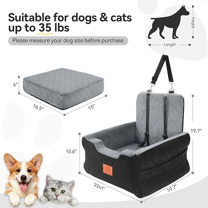 NEEZUKAR Dog Car Seat for Small Medium Dogs,Dog Booster Seat Under 35 lbs | Thick Cushion,Detachable Washable Pet Car Seat,Travel Dog Car Bed With Storage Pockets,2 Safety Belts - Image 3
