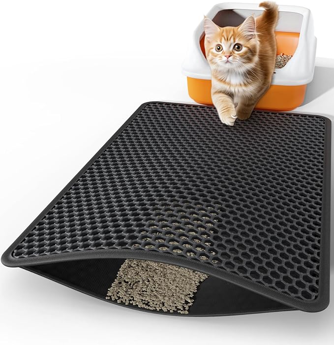 Powools Cat Litter Mat, Double-Layer, 30 x 24 in, Urine-Proof, Black | Non-Slip Litter Trapping Mat, Easy to Clean, Kitty Litter Mats for Floor, Scatter Control, Waterproof Litter Box Mat for Cats by Powools
