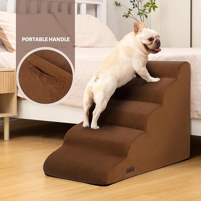 Aodisman Dog Stairs for High Bed,5-Step Pet Ramp for Small Dogs and Cats | 22.2" H Dog Steps for Bed with High-Density Foam, Help Olders,Short-Legged Dogs,Puppy and Cats Get on Beds Easily,Grey,Brown - Image 2
