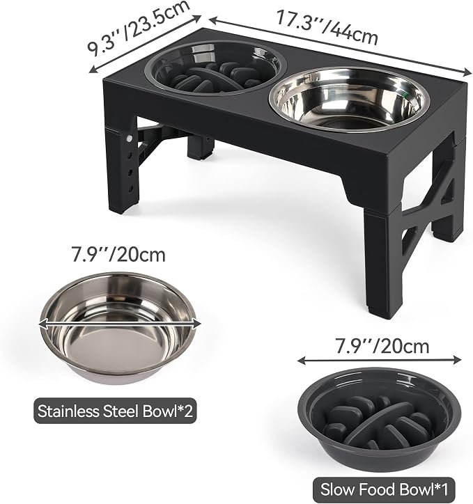 PAWISE Elevated Dog Bowls, 5 Height Adjustable Raised Dog Bowl Stand with 1 Slow Feeder Bowl & 2 Stainless Steel Bowls, Non-Slip Dog Feeding Station for Large, Medium, Small Dogs and Cats, Black - Image 7