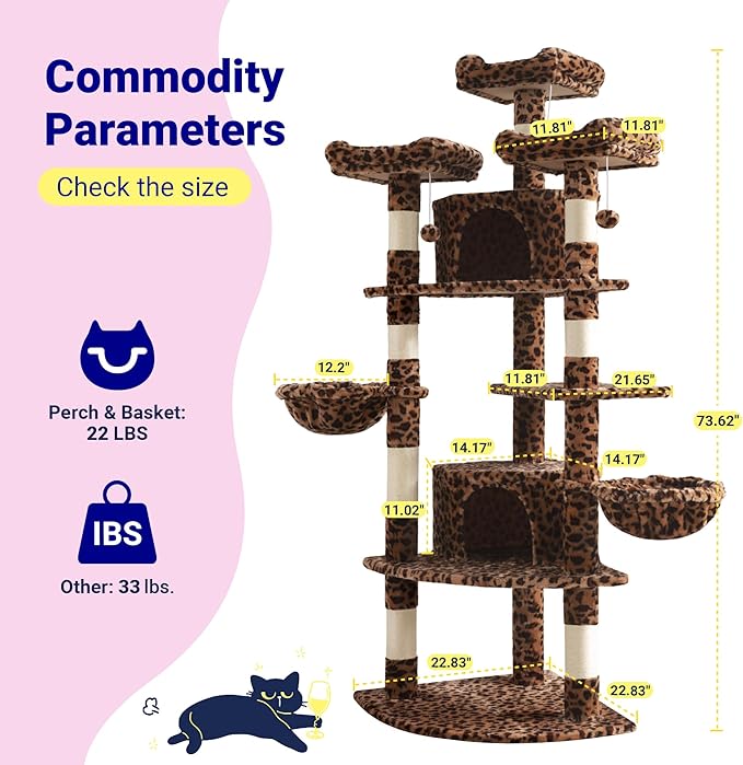 Allewie 73in Fan-Shaped Space-Saving Corner Cat Tower/Multi-Level Tall Cat Tree for Indoor Kitties/Cozy Baskets/Condos/House/Perches/Sisal Scratching Posts/Pet Activity Center/Leopard Print - Image 7