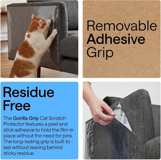GORILLA GRIP No Pin Cat Scratch Furniture Protector, Puncture Resistant Heavy Duty Adhesive Couch Guard, Transparent Anti-Scratch Clawing Deterrent Cover for Sofa, Flexible Cut to Fit Roll, 17" x 48" - Image 3