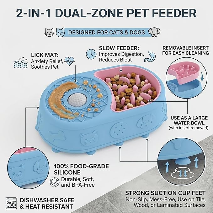 Slow Feeder Dog Bowl with Lick Mat, 2 in 1 Silicone Feeding Bowl | Promotes Healthy Eating Habits and Engaging Mealtime Experience - Image 2