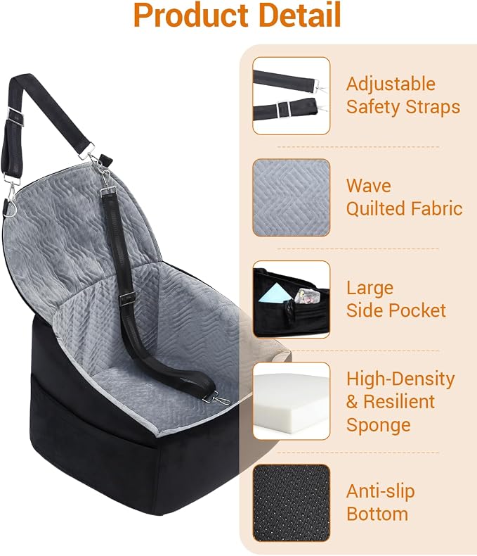 NUPIDA Dog Booster Car Seat with Extend Backrest for Small Medium Pet, Grey | Easy Install, Up to 30 lbs, Washable Removable Cover, Non-Slip Bottom, Large Storage Pockets, 2 Safety Leashes - Image 6