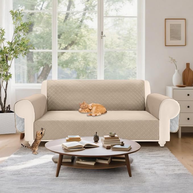 Velvet 100% Waterproof Loveseat Covers Washable Love Seat Couch Covers for 2 Cushion Couch Sofa Pet Friendly Sofa Slipcovers Dogs Furniture Protector with Pockets (Medium-XL, Light Khaki) - Image 7