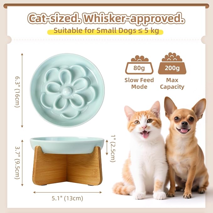 Elevated Slow Feeder Cat Bowl - Melamine Cat Dish with Anti-Slip Bamboo Stand - Whisker Friendly Feeding Bowl - Floral Maze Food Plate for Slow Eating - Blue - Image 2