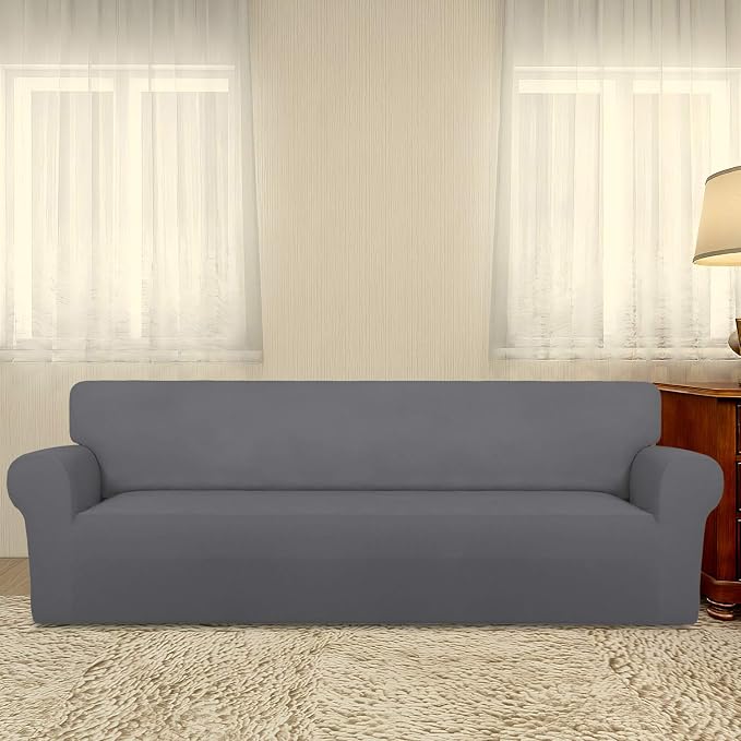 PureFit Stretch Couch Covers for Sofa 4 Seater Slipcovers Gray | 1-Piece Sofa Cover Washable Soft Couch protector, Couch Slipcover with Non Skid Foam and Elastic Bottom for Kids, Dogs - Image 2