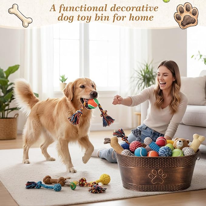 Zonon Metal Dog Toy Storage Bin with Handles 21 Quart Vintage Decorative Basket for Dog Ropes Food Living Room Decor, Galvanized Steel Pet Toy Organizer, 18x11.5x7.5 Inch (Dog's Paw) - Image 2