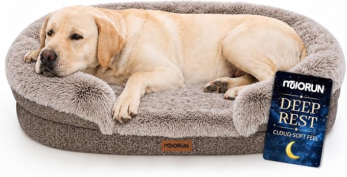 Miorun Fluffy Orthopedic Dog Beds Large Sized Dog, 48" Bolster Sofa Bed | Soft plush faux fur,lowered entry,washable cover,waterproof liner,claming dog couch for x-large dogs,supportive bolster by Miorun