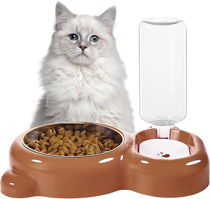 Dog Bowls, Cat Food and Water Bowl Set with Water Dispenser and Stainless Steel Bowl for Cats and Small Dogs - Brown - Image 7