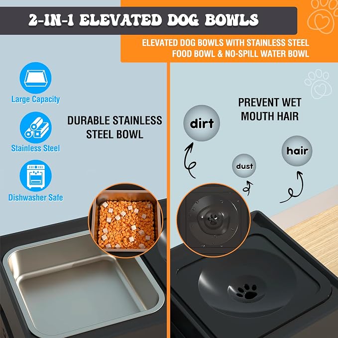 Elevated Dog Bowls, Raised Dog Bowl Stand with 4 Adjustable Heights, Stainless Steel Food Bowl & No-Spill Water Bowl – Dog Bowls Elevated for Small, Medium & Large Dogs - Image 5