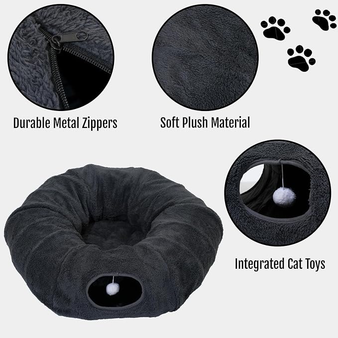 Cat Tunnel Bed with 2 Catnip Fish Toys (1000mg Natural Catnip) Interactive Cat Toys, Cat Tubewith Kitten Toys for Indoor Kittens, Collapsible Play Tunnel, Dark Grey - Image 9