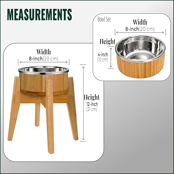 Elevated Dog Bowl for Mid-Large Breed, (12-Inch High, 64-oz) | Raised Food and Water Bowl with Stand, Flip-Resistant - Real Bamboo and Stainless Steel - Image 2