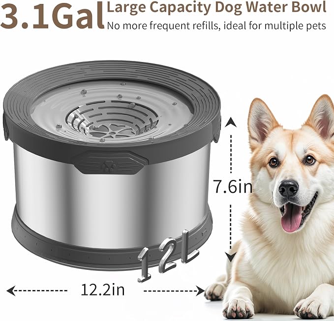 12L Dog Water Bowl No Spill 3.1 Gallon Super Large Capacity Stainless Steel No Splash Dog Bowls 405oz Slow Drinking Feeder with Non-Slip Base Pet Water Dispenser for Dogs - Image 2