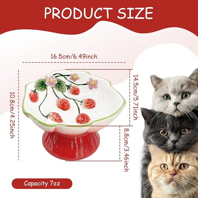 Ceramic Strawberry Raised Cat Bowl – Elevated Cat Food Bowl for Anti Vomit, Spine Protection & Whisker Friendly, Cute Tilted Bowl for Indoor Cats, Flat-Faced Cats (Red) - Image 2