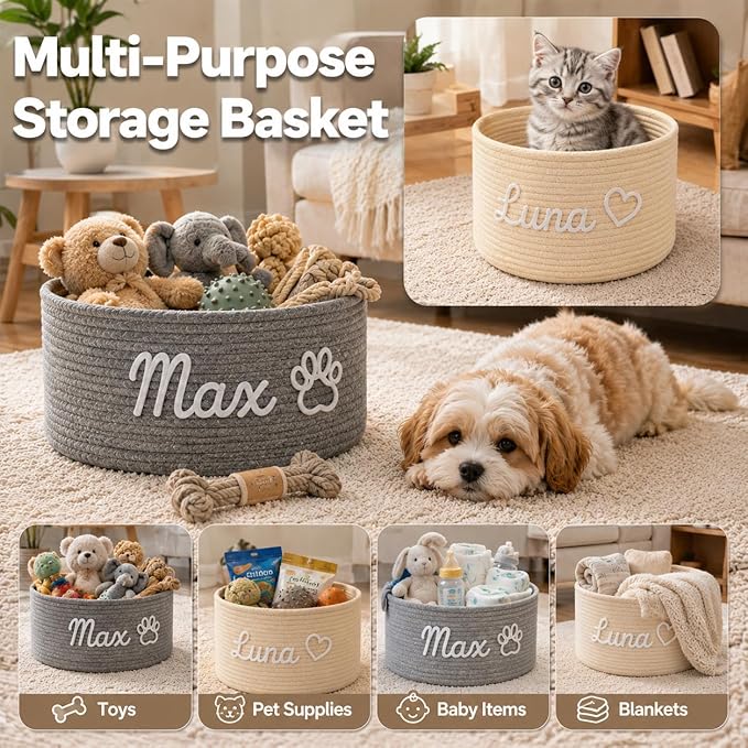 Personalized Dog Toy Basket with Name, Custom Puppy & Kitten Toy Storage Bins, Personalized Cute Handmade Cotton Rope Organizer for Snacks, Pet Supplies, Birthday Gifts Basket for Pets (A1) - Image 6