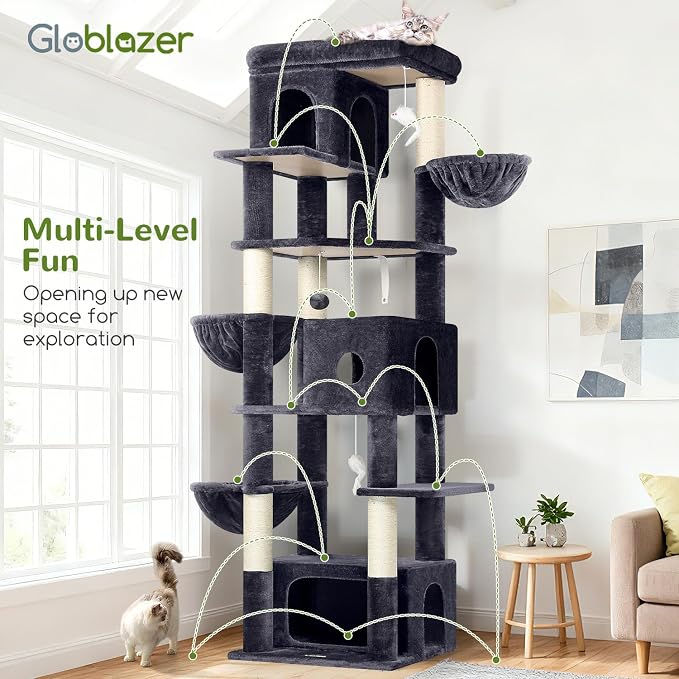 Globlazer Large Cat Tree, 80in Tall Climbing Tower, F80F, Dark Grey | Multi-Level Cat Scratching Tower for Indoor Multiple Large Adult Cats Kittens with 3 Cat Caves, 3 Hanging Baskets - Image 7