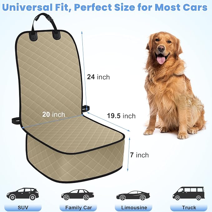 ELONGRIVER Dog Car Seat Covers, Waterproof Front Seat Cover | Scratch-Proof, Nonslip Pet Passenger Seat Cover Protector, Universal Fit for Cars Trucks SUVs, Standard Size 1 Pack, Khaki - Image 7