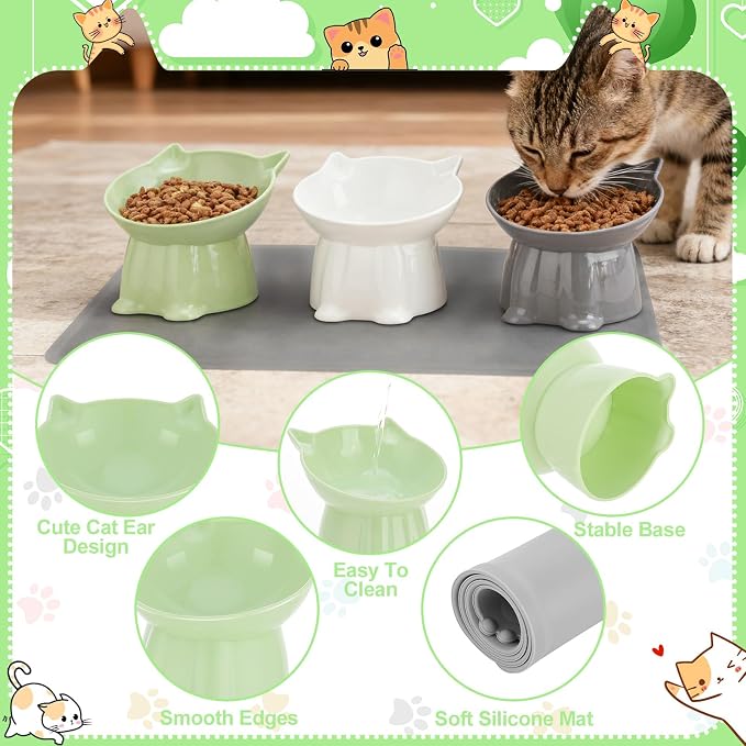 3 Pcs Elevated Cat Bowls 15°Raised Cat Food Bowl with Silicone Mat 3 Colors | Whisker Friendly Anti Vomiting Cats Dishes Pet Food and Water Bowls for Indoor Cats Kittens - Image 4
