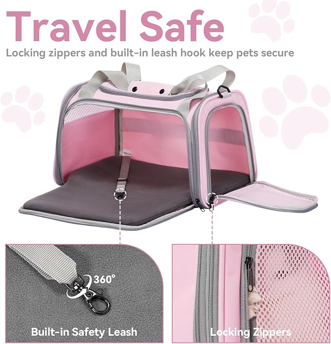 Petsfit Cat Carrier Airline Approved, 17.5×10.5×10.5 in, Pink | Escape-Proof Design with Locking Zippers & Safety Leash, Easy-Access 3-Way Entry, Washable Mat up to 12 lb - Image 3