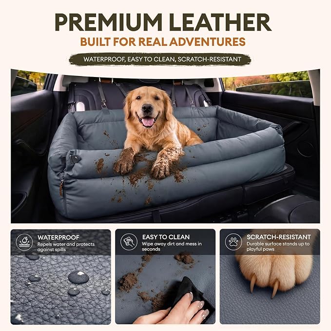 FUNNY FUZZY Leather Dog Car Seat for Large Size Dogs, Pet Booster Car Seats | Waterproof Car Seat with Safety Clip-On Leash, Soft Fabric Car Dog Bed Filling Memory Cotton, Washable Travel Pet Bed(Blue) - Image 5