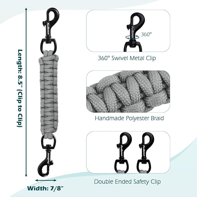 PetBonus Dog Collar Safety Clip, Handmade Prong Collar to Harness Connector | Dog Leash Backup Safety Strap, Escape Proof, Double Ended Clasp, Lead Connector for Pinch Collar, Harness (Grey) - Image 2