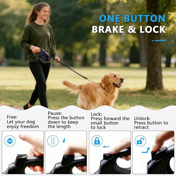 26Ft Retractable Dog Leash for Medium/Large Dogs up to 110lbs, Strong Heavy Duty Retractable Leash with Chew-Proof Cable, 360 Tangle Free, One Hand Brake Lock & Poo Bag Holder (Black) - Image 6